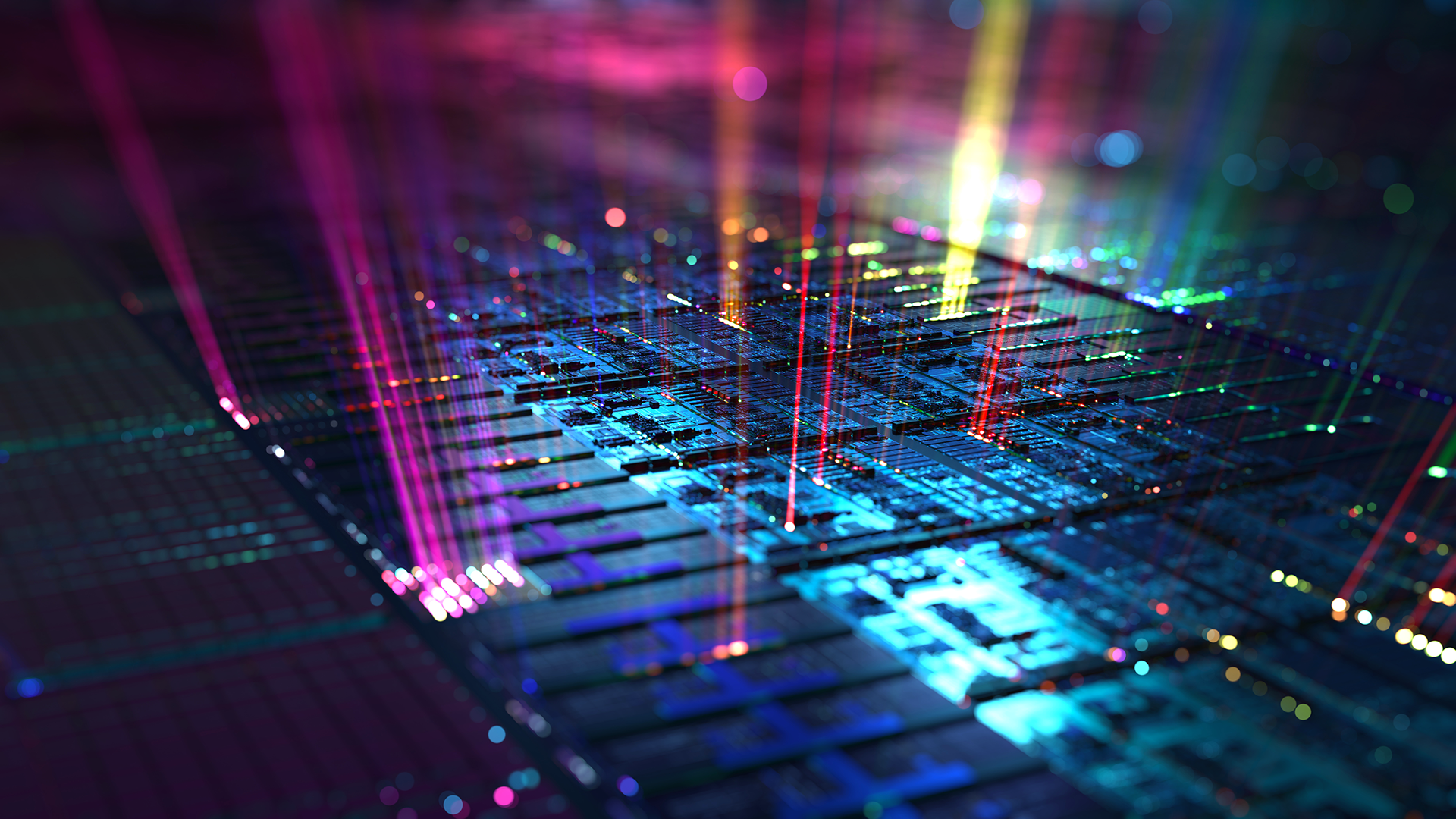 A computer chip featuring bright, colorful lights