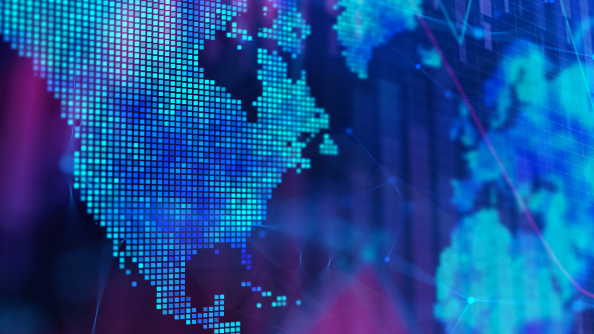 An illustrated global economic map displaying various dots and lines, representing international trade connections and economic data.