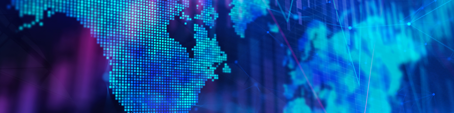 An illustrated global economic map displaying various dots and lines, representing international trade connections and economic data.
