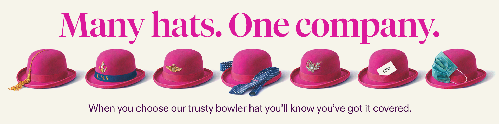 An assortment of hats symbolising different functions and teamwork within one company, highlighting diversity in roles.