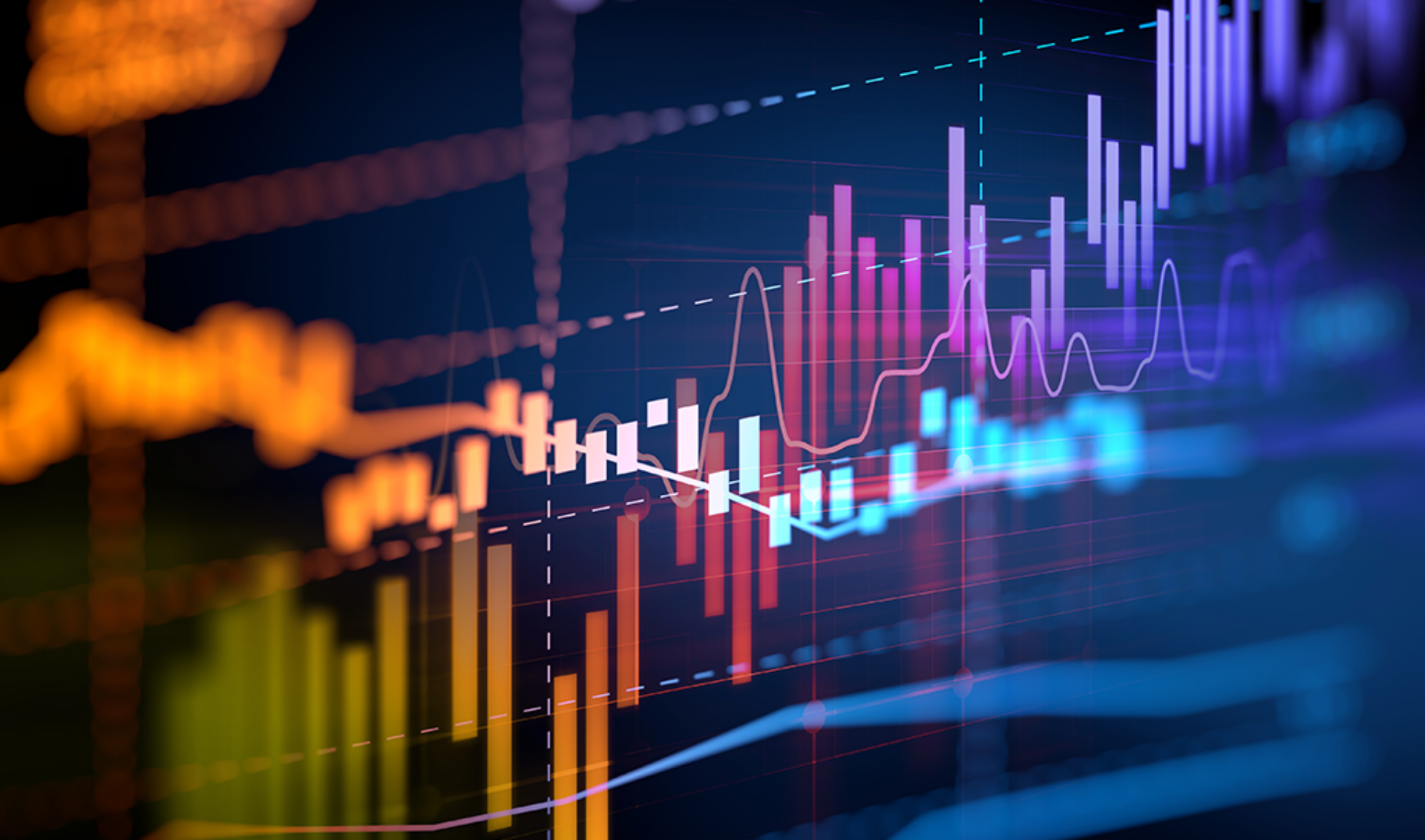 A stock market chart displaying colorful lines representing various market trends and fluctuations.