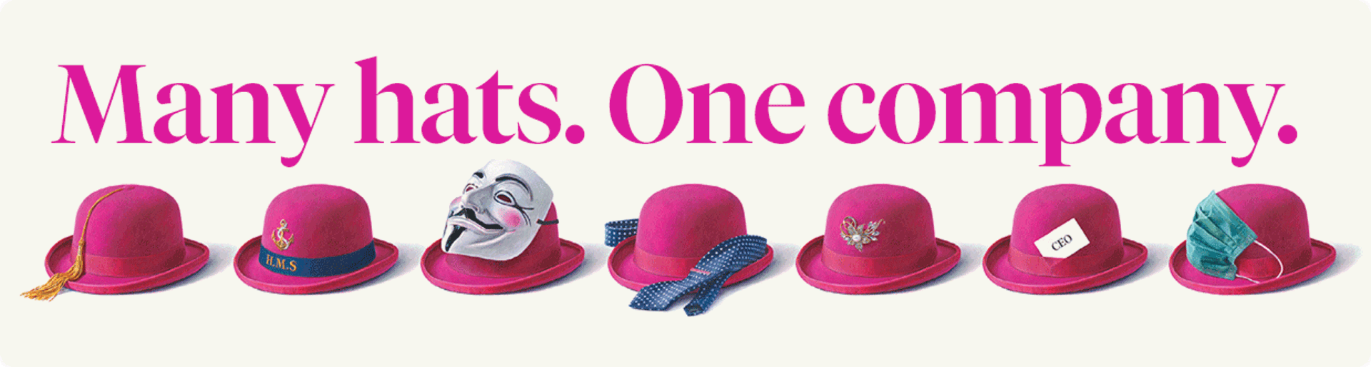 Image with pink Beazley Bowler hats and 'Many hats. One company.' text