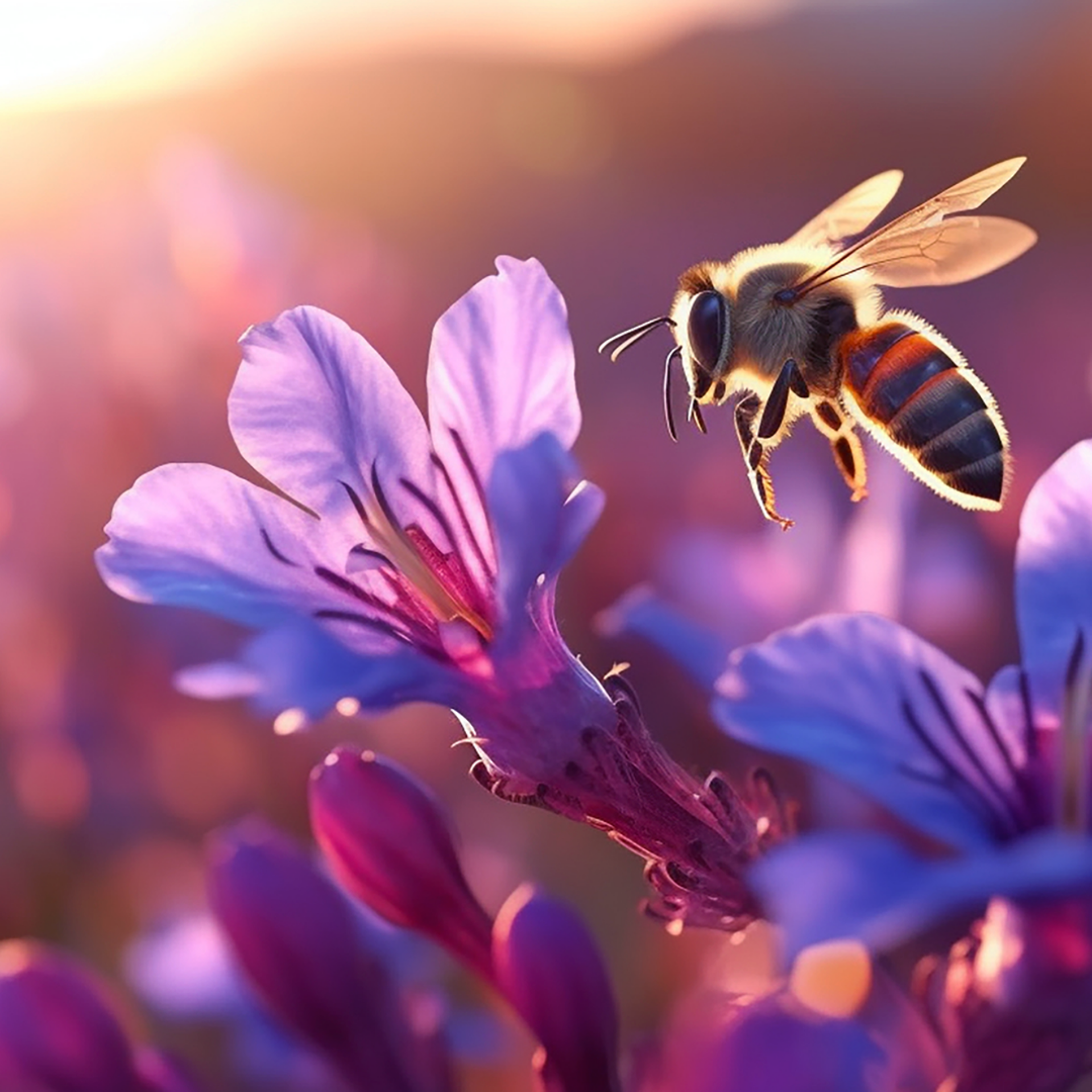 A bee hovers above vibrant purple flowers, illuminated by the warm glow of the sun in the background.