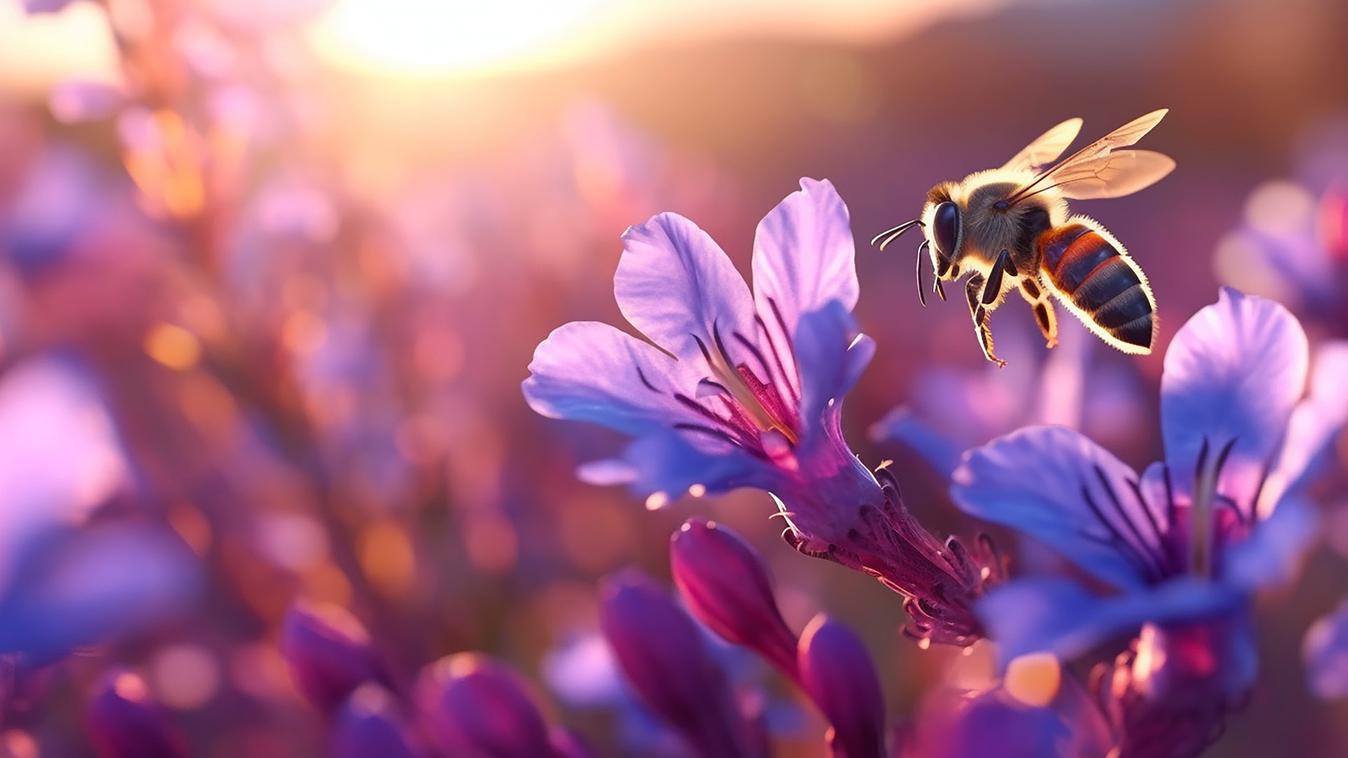 A bee hovers above vibrant purple flowers, illuminated by the warm glow of the sun in the background.