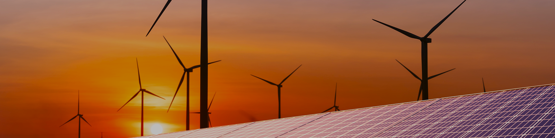 A picturesque sunset highlights solar panels and wind turbines, symbolizing the beauty of sustainable energy solutions.