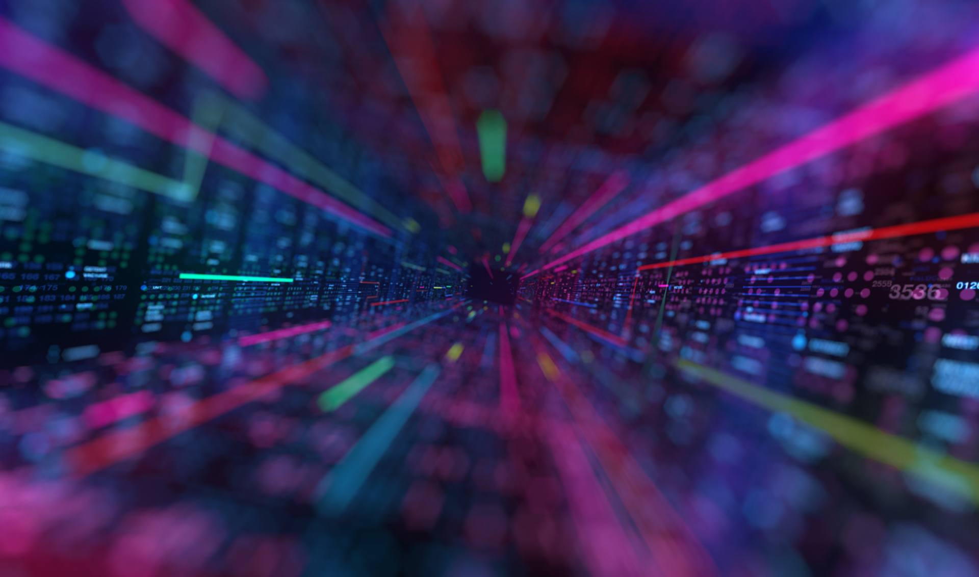 Vibrant abstract digital tunnel featuring colorful lights, illustrating a captivating journey through a data-driven landscape.