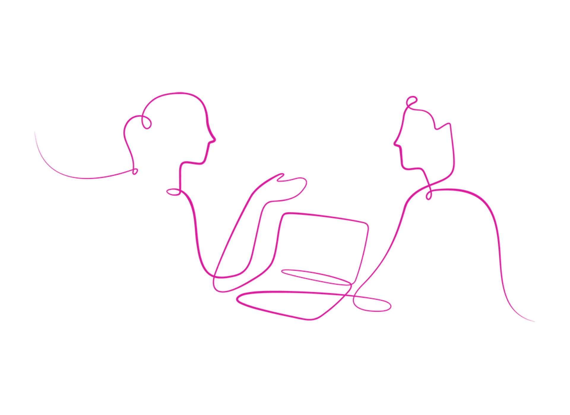 Illustration showing a silhouette of two people, engaged in conversation around a laptop