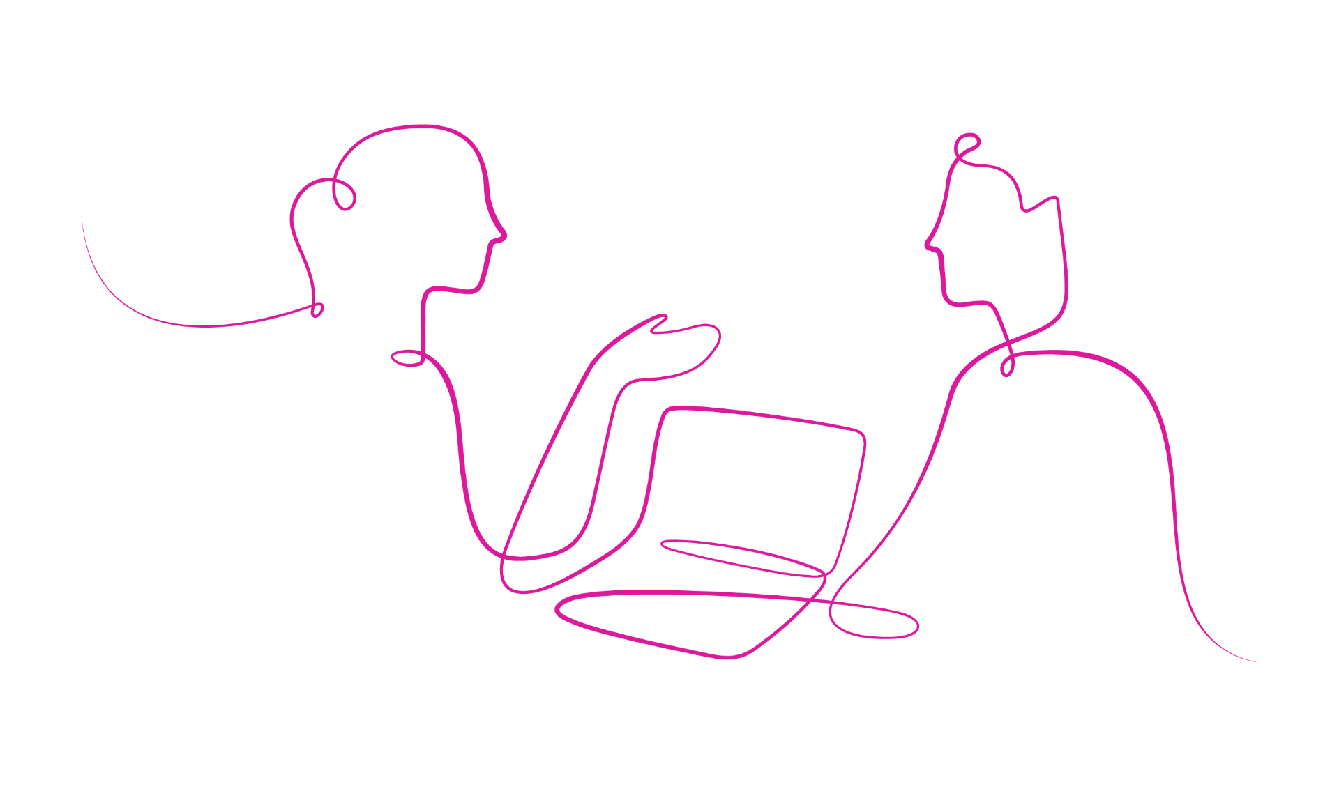 Illustration showing a silhouette of two people, engaged in conversation around a laptop