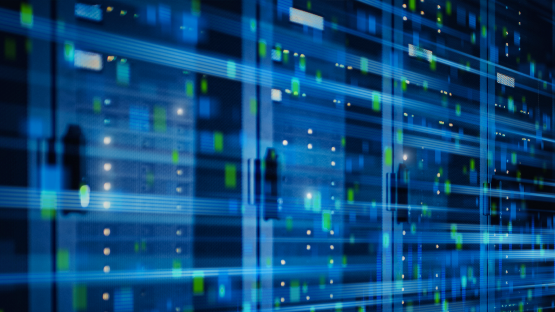 A row of server racks in a data center, illuminated by blue lights, showcasing advanced technology and organization.