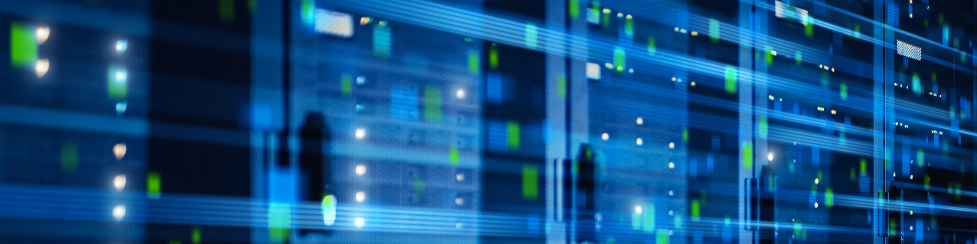 A row of server racks in a data center, illuminated by blue lights, showcasing advanced technology and organization.