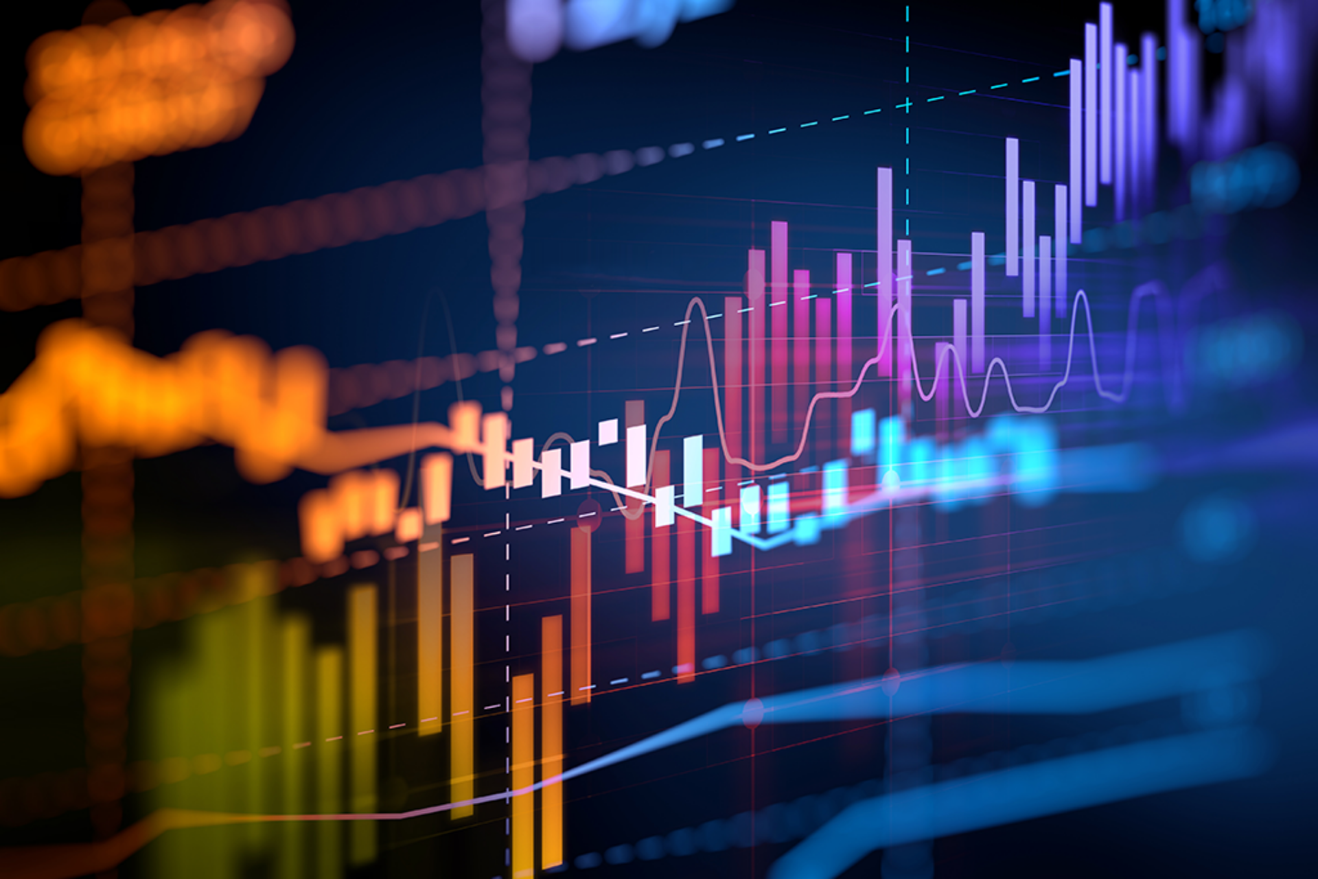 A stock market chart displaying colorful lines representing various market trends and fluctuations.