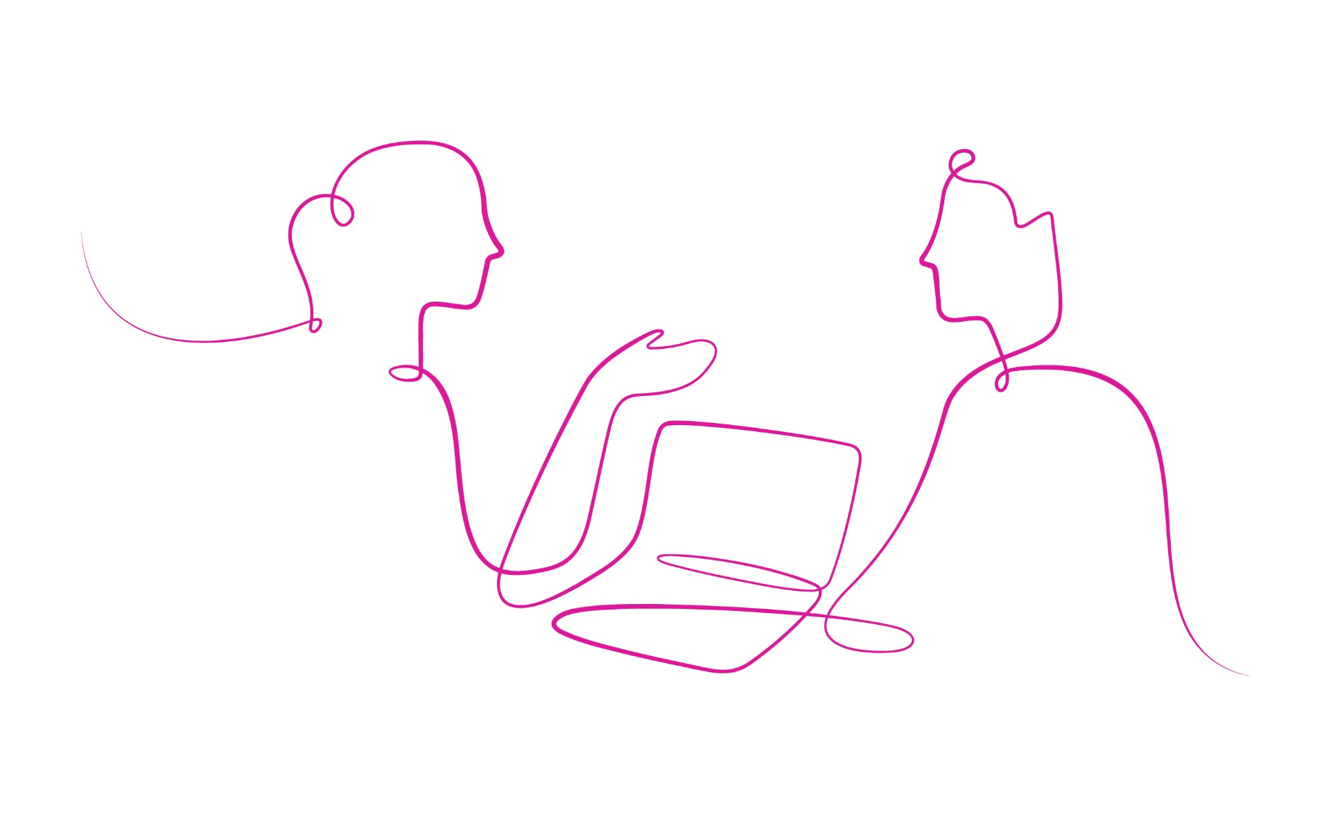 Illustration showing a silhouette of two people, engaged in conversation around a laptop
